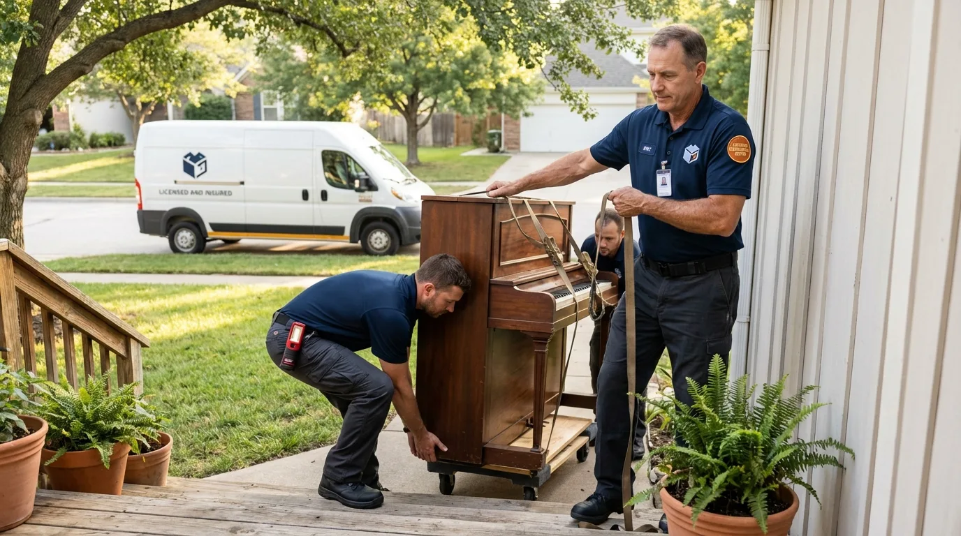 Licensed piano movers securing grand piano in Englewood, OH