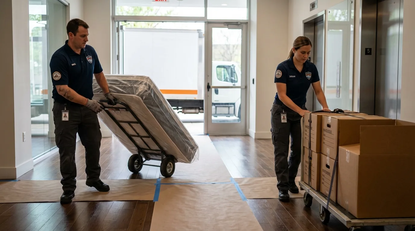Professional apartment movers loading elevator in Englewood, OH
