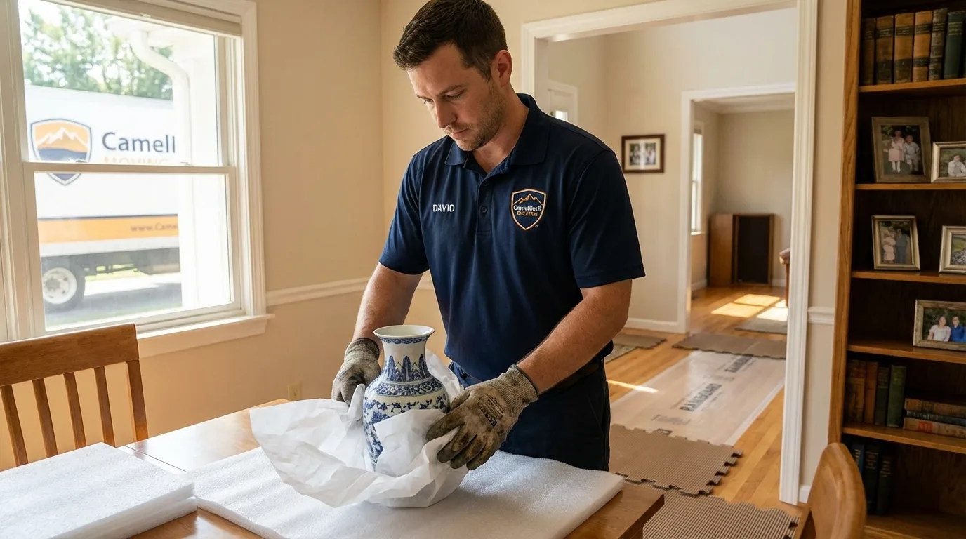 Professional crew carefully wrapping antique vase for senior downsizing move in Englewood, OH